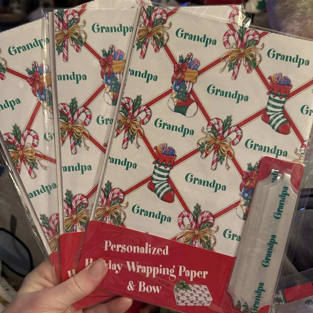 Set Of 3 VTG Christmas HOLIDAY GIFT Wrapping Paper‎ & Pull Bow GRANDPA Stravina